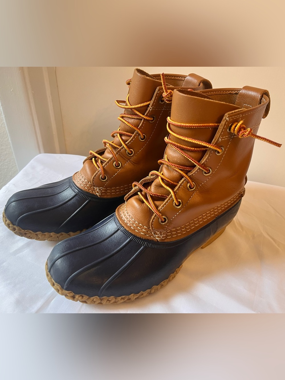 L.L. Bean. Bean Boots Two-Tone Brown and Blue Lace-Up Duck Boots